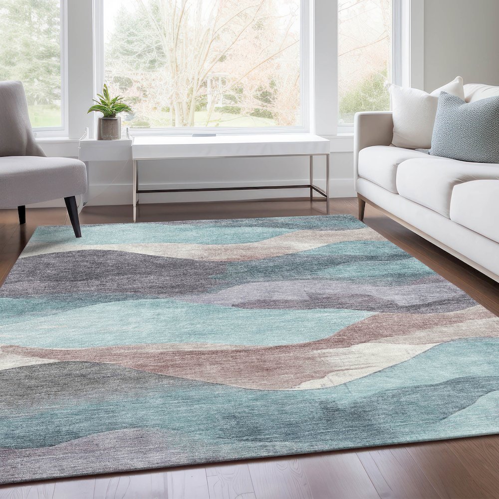Machine Washable Indoor/Outdoor Chantille Teal 9' x 12' Rug. Picture 6