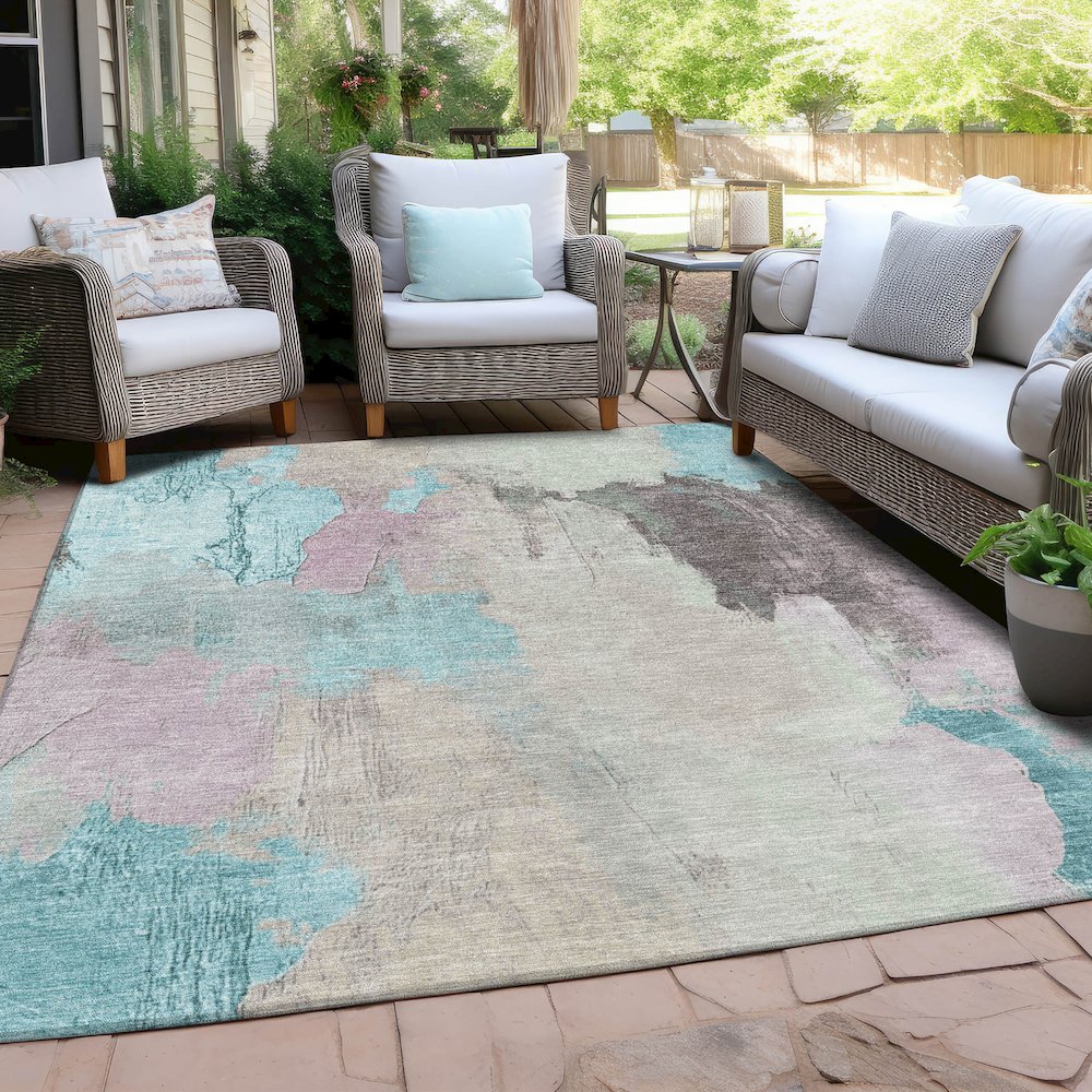 Machine Washable Indoor/Outdoor Chantille Teal 9' x 12' Rug. Picture 7