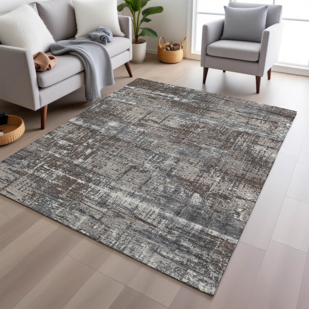 Machine Washable Indoor/Outdoor Chantille Brown 9' x 12' Rug. Picture 5