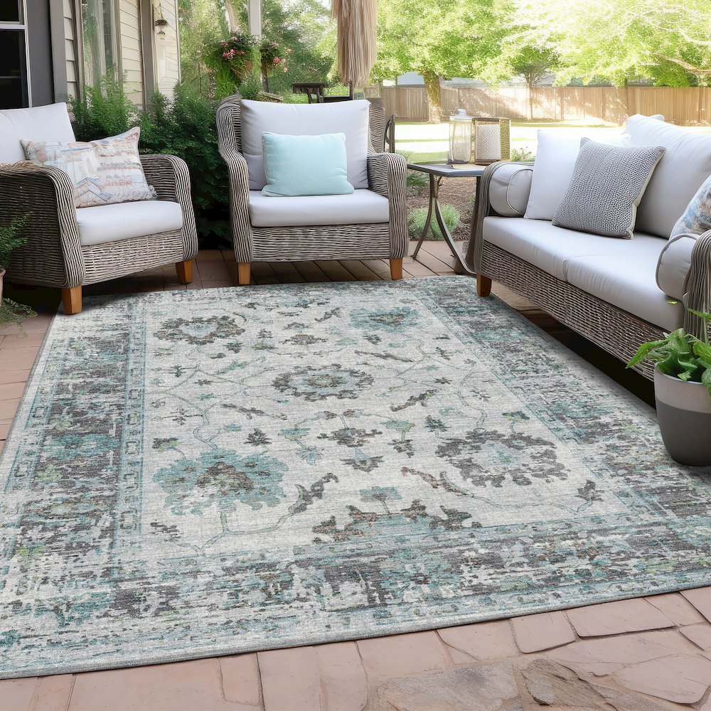 Machine Washable Indoor/Outdoor Chantille Teal 9' x 12' Rug. Picture 7