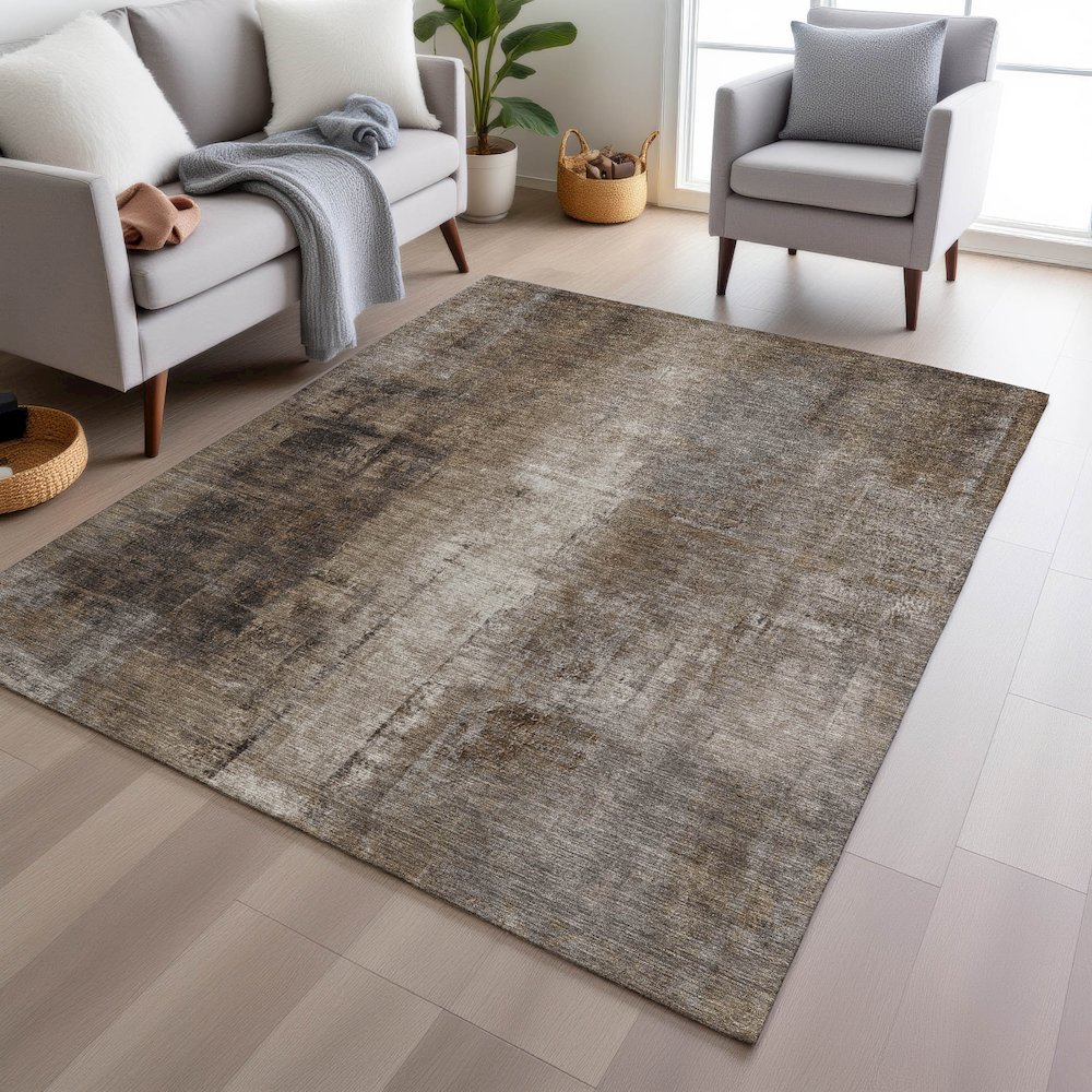 Machine Washable Indoor/Outdoor Chantille Brown 9' x 12' Rug. Picture 5