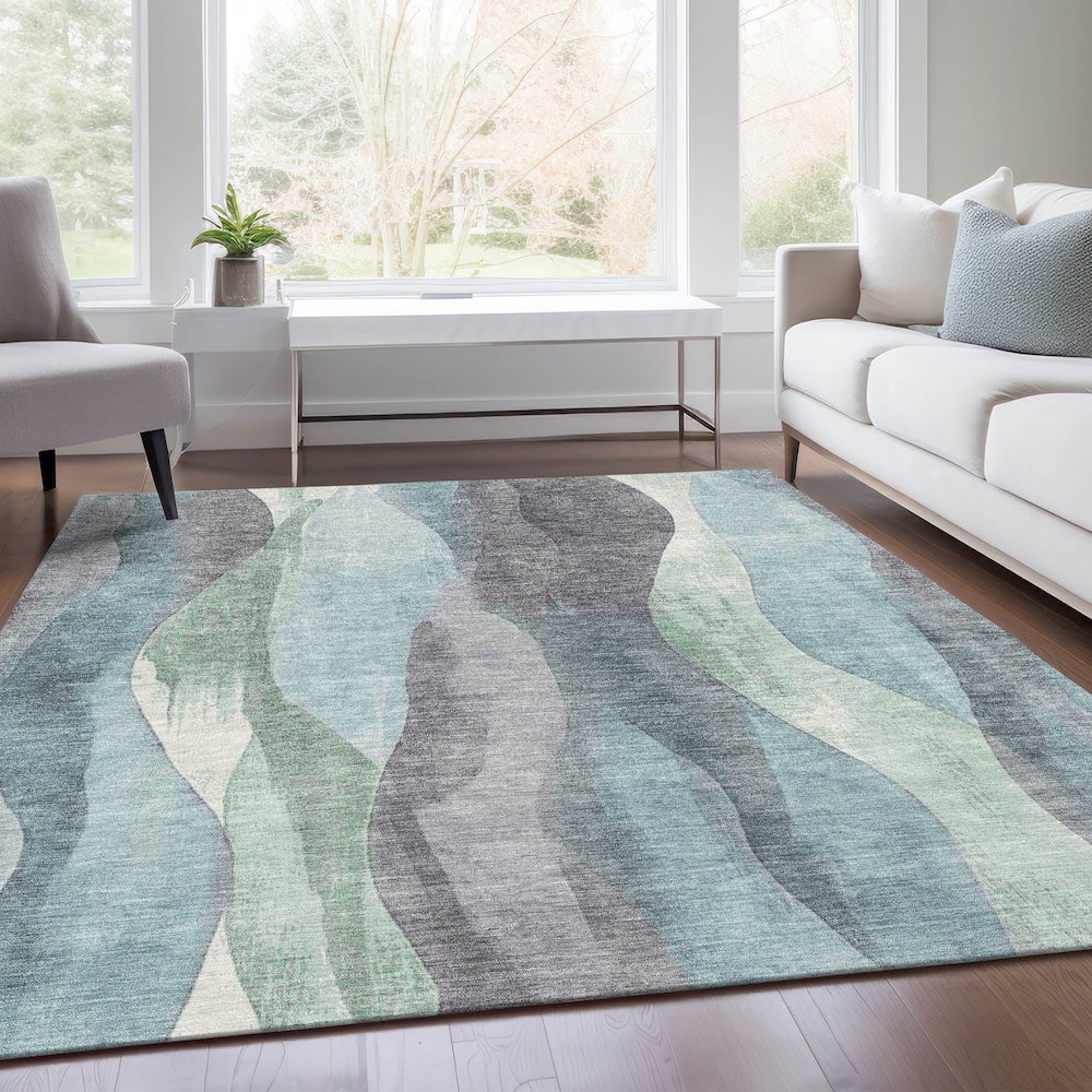Machine Washable Indoor/Outdoor Chantille Teal 9' x 12' Rug. Picture 6