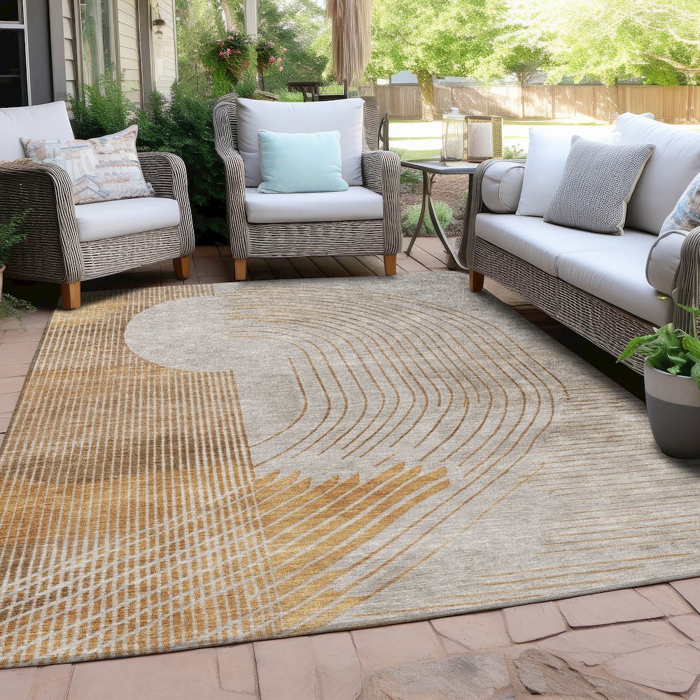 Machine Washable Indoor/Outdoor Chantille Gold 9' x 12' Rug. Picture 7