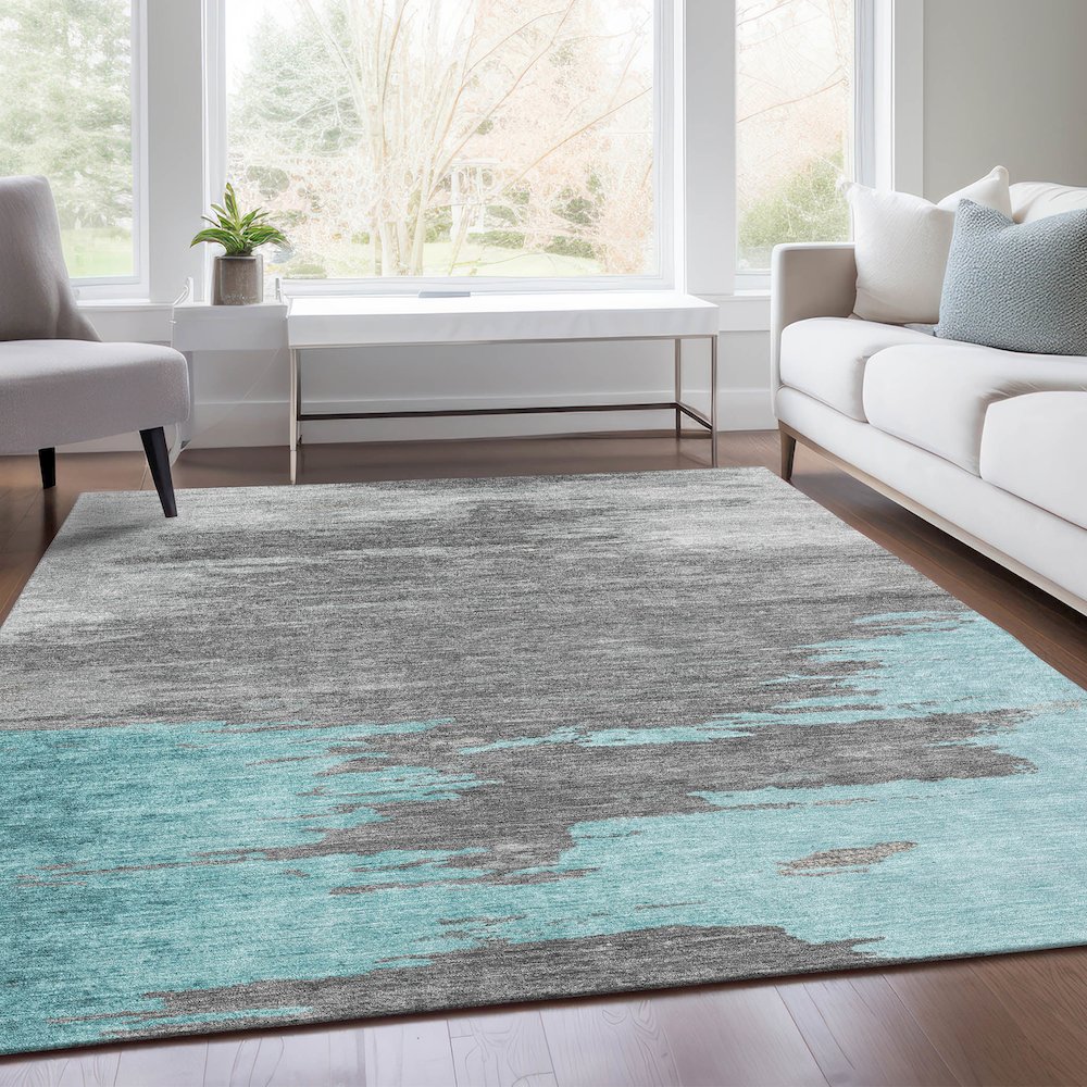 Machine Washable Indoor/Outdoor Chantille Teal 9' x 12' Rug. Picture 6