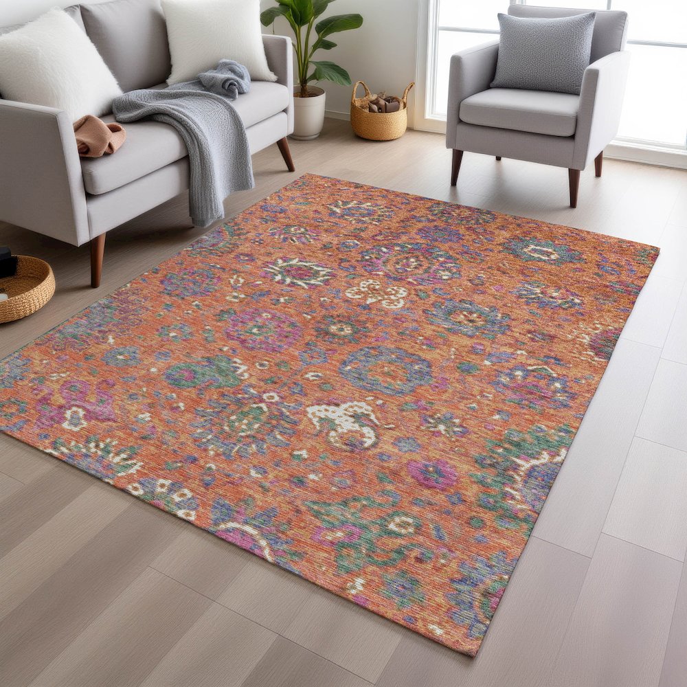 Machine Washable Indoor/Outdoor Chantille Orange 9' x 12' Rug. Picture 5