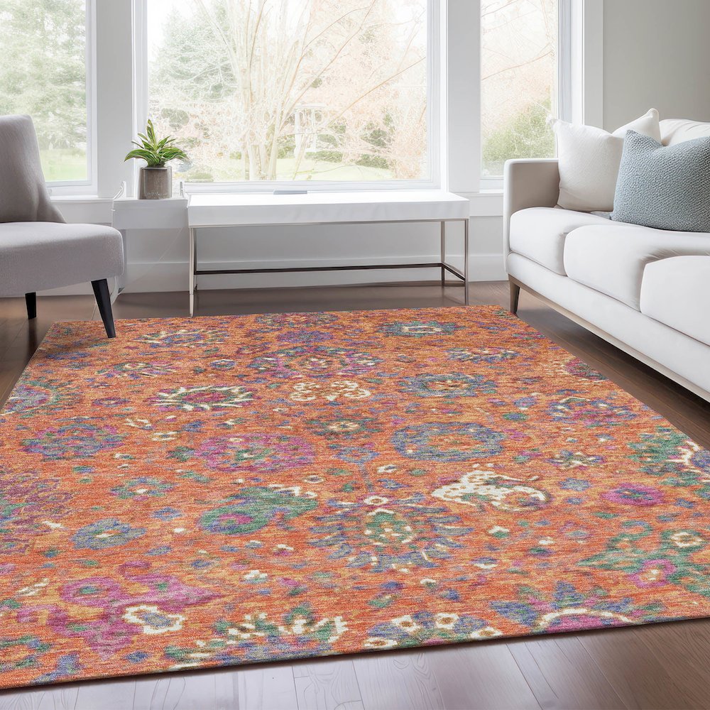 Machine Washable Indoor/Outdoor Chantille Orange 9' x 12' Rug. Picture 6