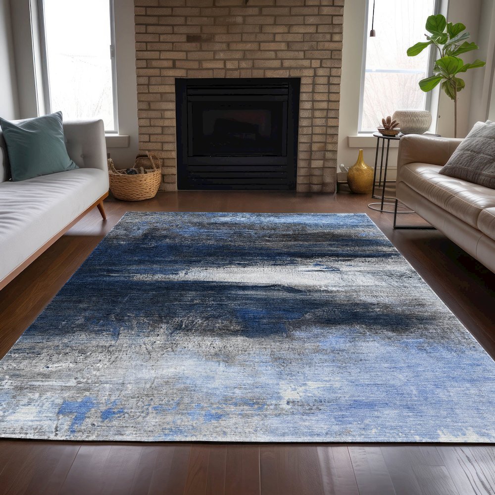 Machine Washable Indoor/Outdoor Chantille ACN2016 Navy 9' x 12' Rug. Picture 6