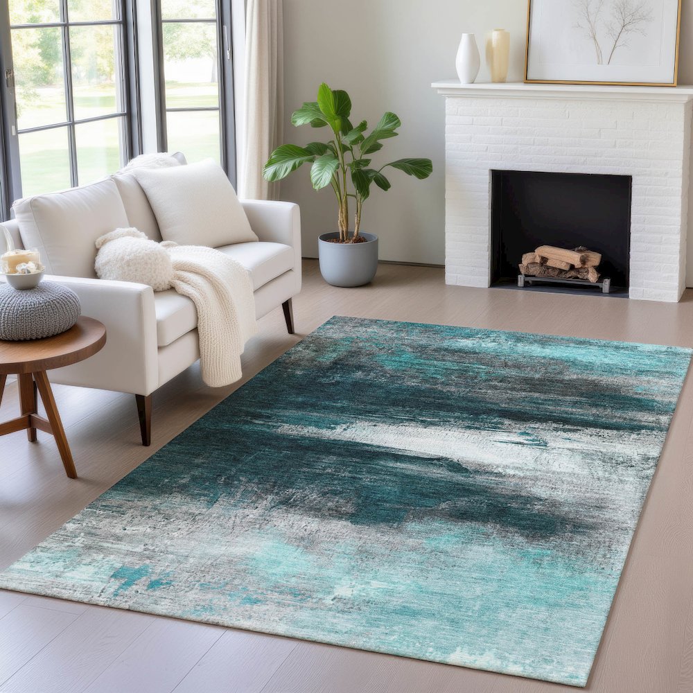Machine Washable Indoor/Outdoor Chantille ACN2016 Teal 9' x 12' Rug. Picture 5