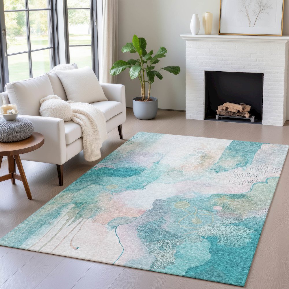 Machine Washable Indoor/Outdoor Chantille ACN2019 Turquoise 9' x 12' Rug. Picture 5