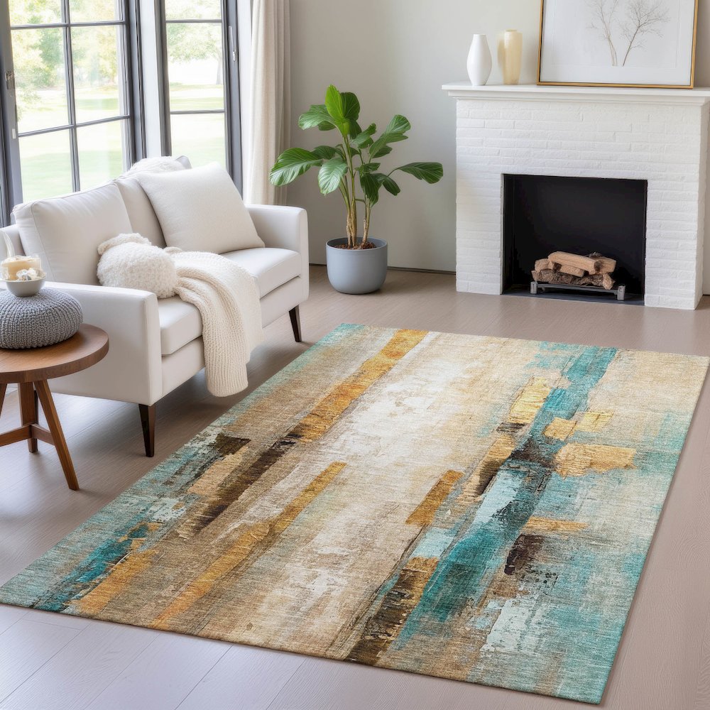 Machine Washable Indoor/Outdoor Chantille ACN2020 Beige 9' x 12' Rug. Picture 5