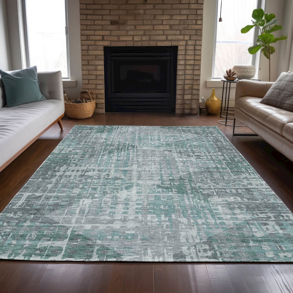 Machine Washable Indoor/Outdoor Chantille ACN2026 Teal 9' x 12' Rug. Picture 6