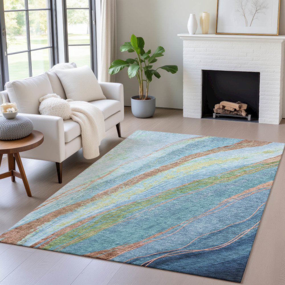 Machine Washable Indoor/Outdoor Chantille ACN2037 Blue 9' x 12' Rug. Picture 5