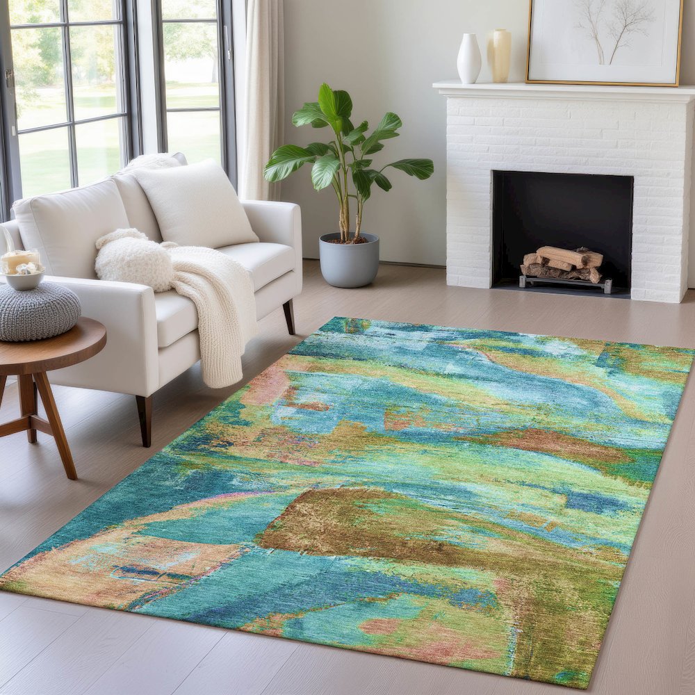 Machine Washable Indoor/Outdoor Chantille ACN2040 Teal 9' x 12' Rug. Picture 5