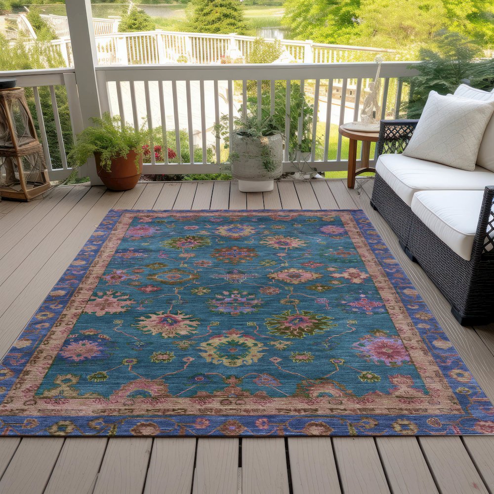 Machine Washable Indoor/Outdoor Chantille ACN2046 Teal 9' x 12' Rug. Picture 8