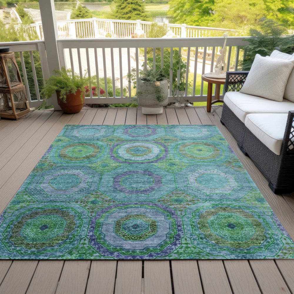 Machine Washable Indoor/Outdoor Chantille ACN2049 Teal 9' x 12' Rug. Picture 8
