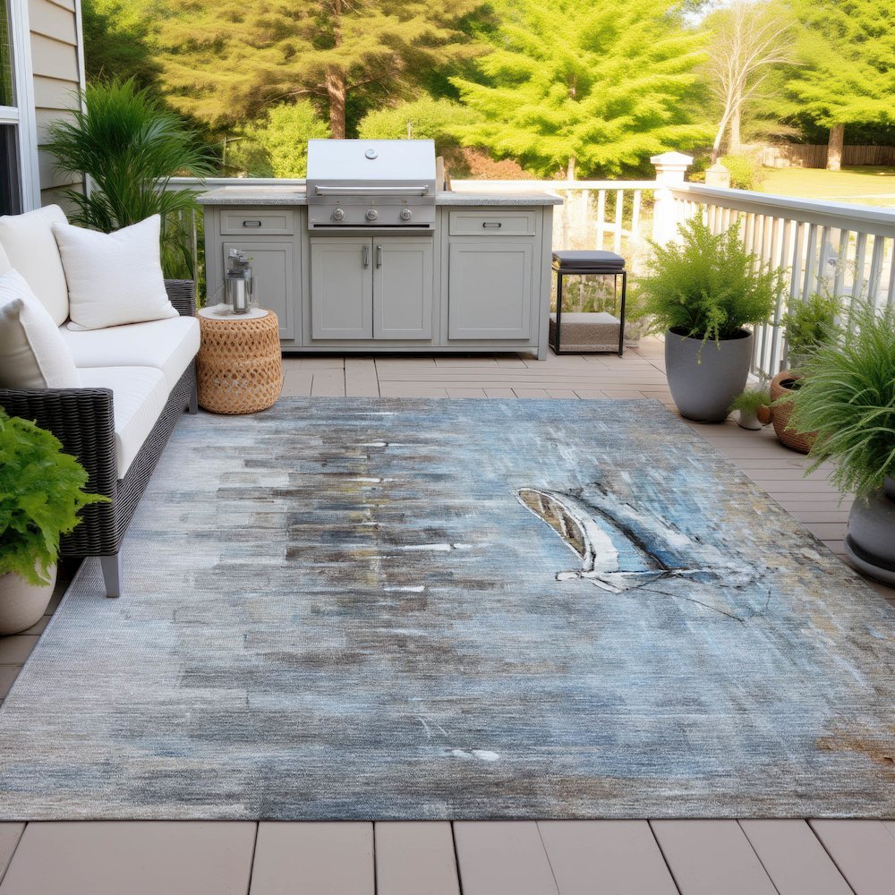 Machine Washable Indoor/Outdoor Chantille ACN2056 Blue 9' x 12' Rug. Picture 7