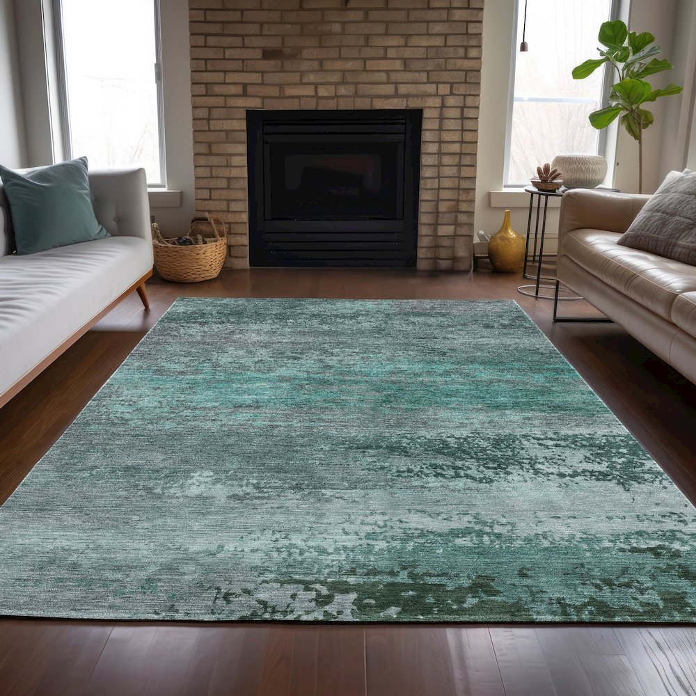 Machine Washable Indoor/Outdoor Chantille ACN2071 Teal 9' x 12' Rug. Picture 6