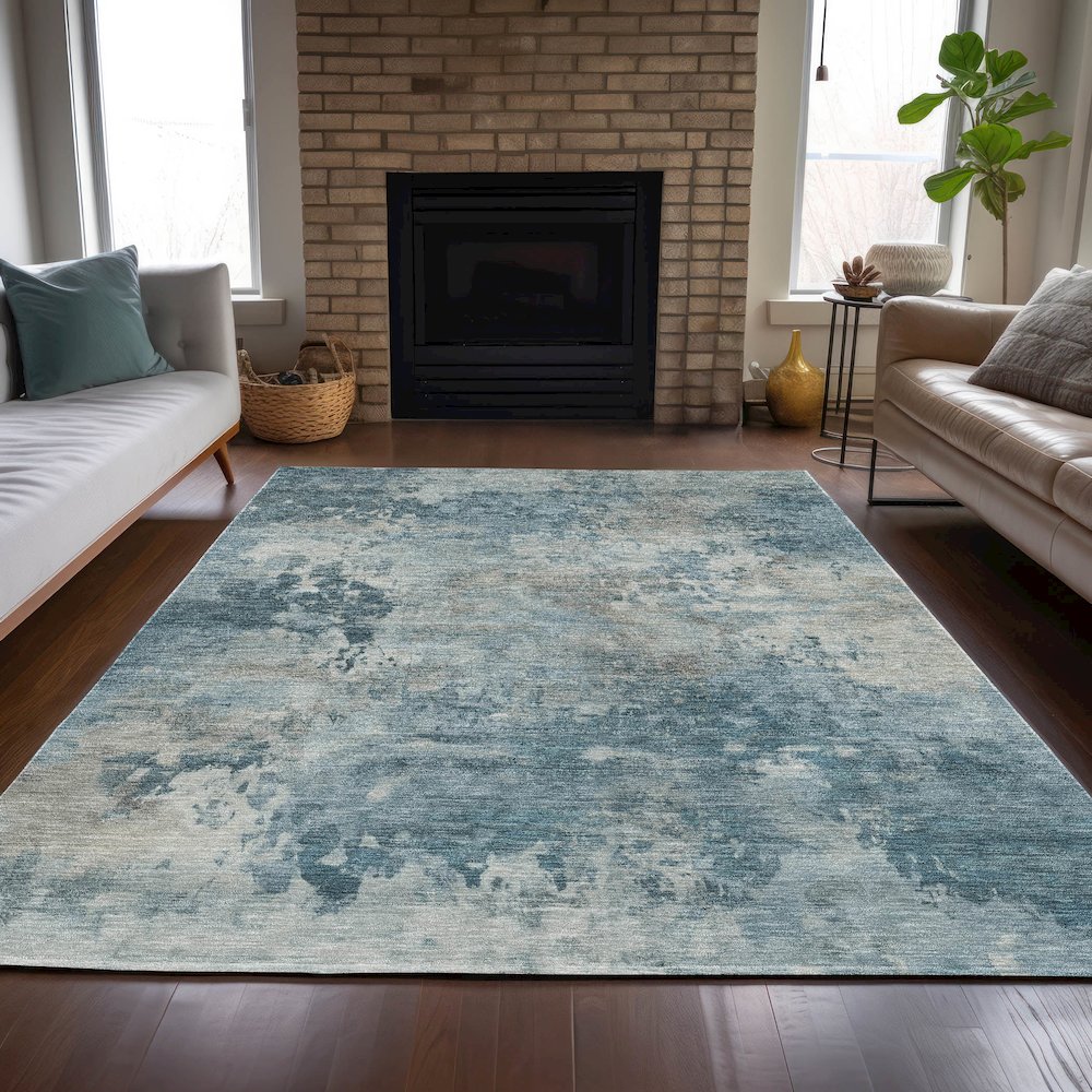Machine Washable Indoor/Outdoor Chantille ACN2073 Teal 9' x 12' Rug. Picture 6