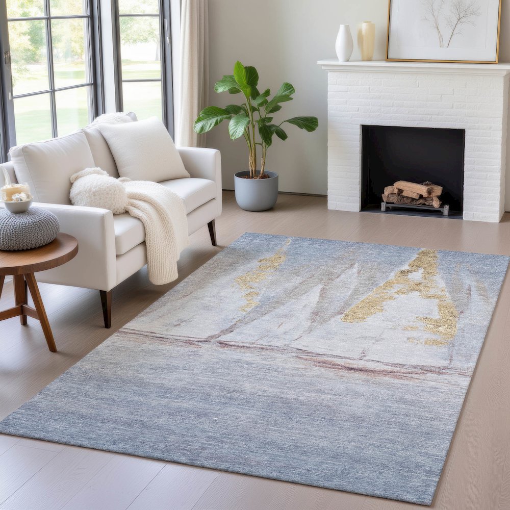 Machine Washable Indoor/Outdoor Chantille ACN2084 Blue 9' x 12' Rug. Picture 5