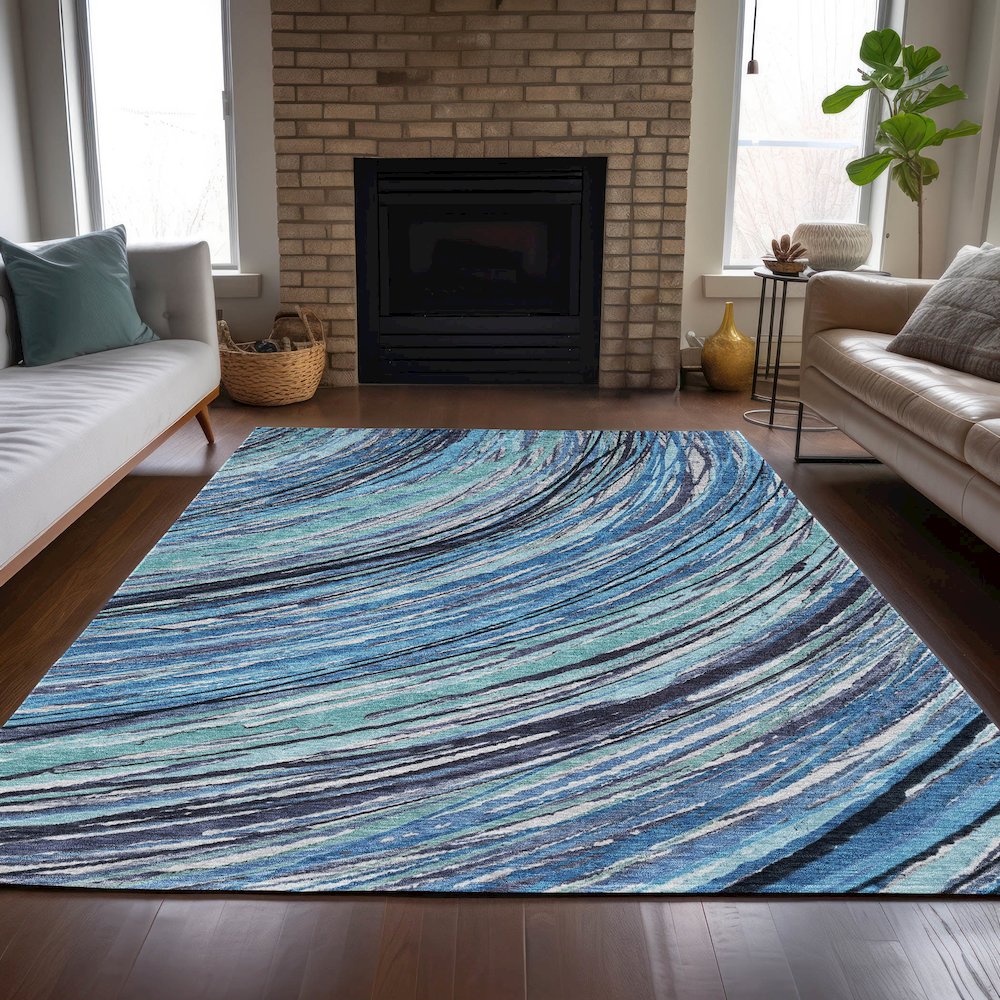 Machine Washable Indoor/Outdoor Chantille ACN2094 Blue 9' x 12' Rug. Picture 6