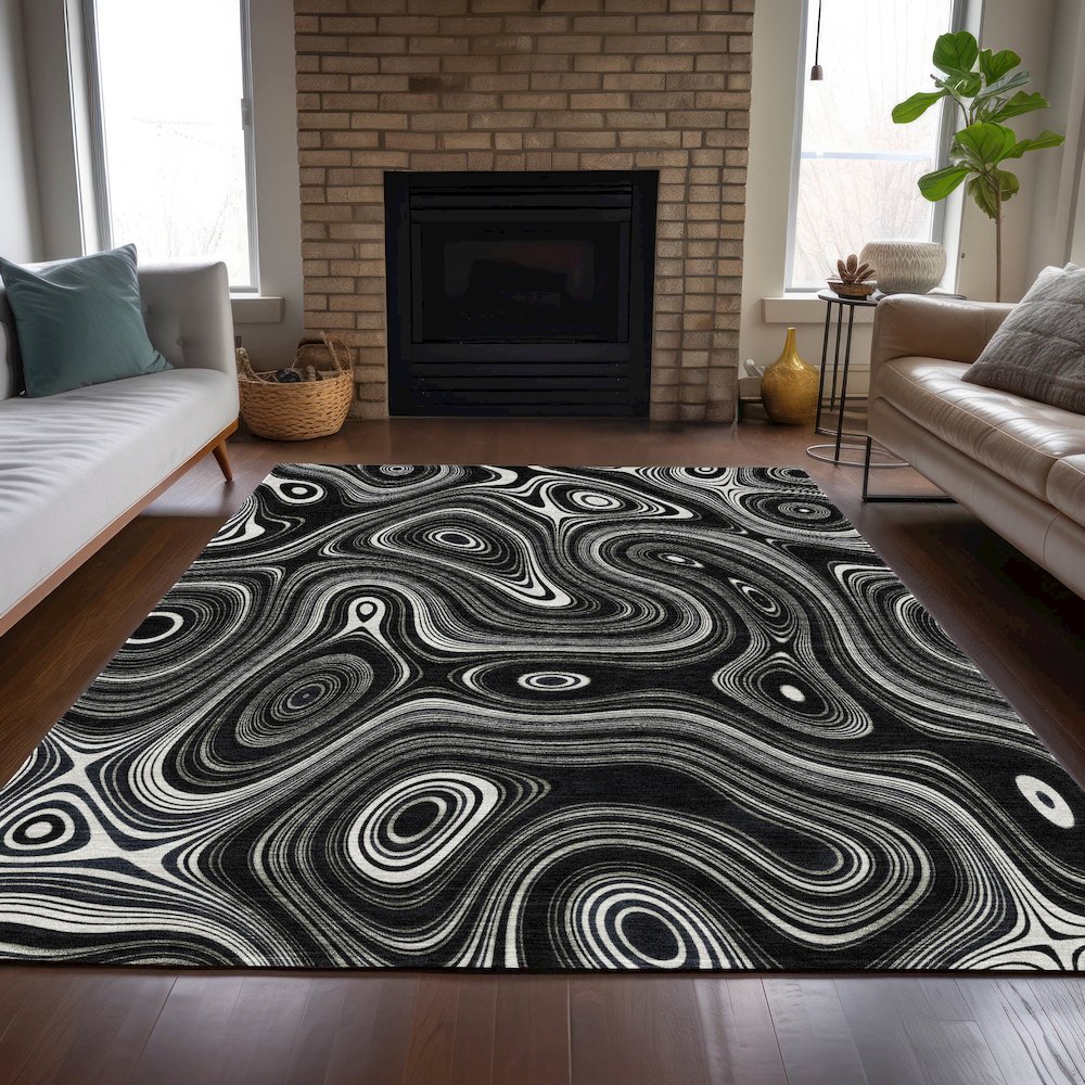 Machine Washable Indoor/Outdoor Chantille ACN2097 Black 9' x 12' Rug. Picture 6