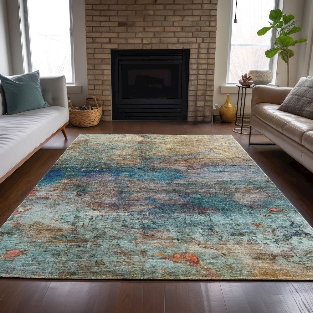 Machine Washable Indoor/Outdoor Chantille ACN2100 Teal 9' x 12' Rug. Picture 6