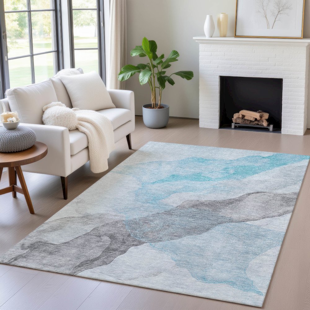 Machine Washable Indoor/Outdoor Chantille ACN2109 Teal 9' x 12' Rug. Picture 5