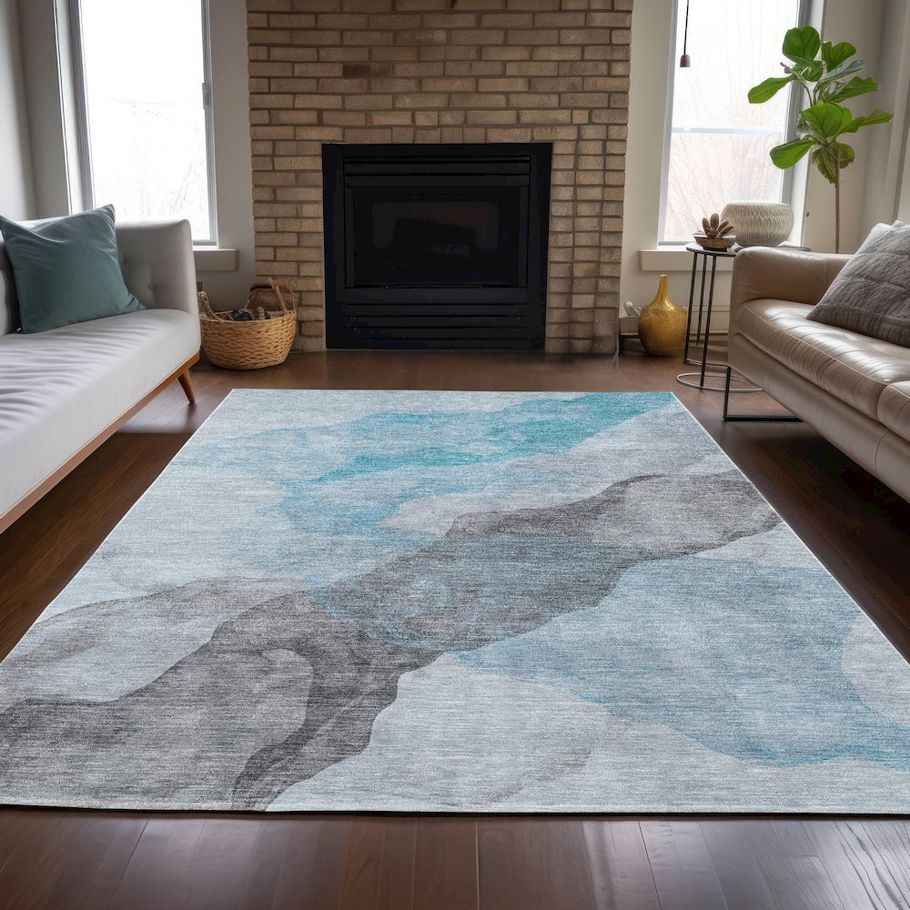 Machine Washable Indoor/Outdoor Chantille ACN2109 Teal 9' x 12' Rug. Picture 6