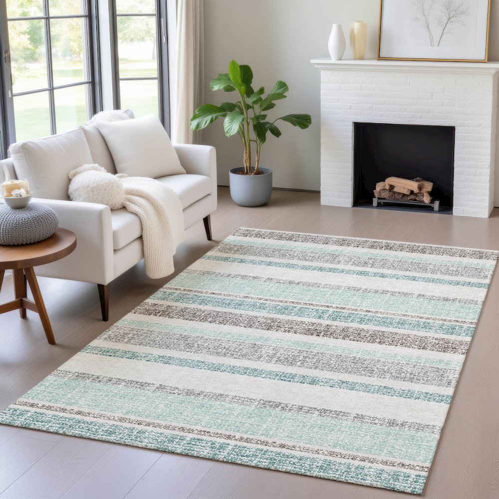Machine Washable Indoor/Outdoor Chantille ACN2122 Teal 9' x 12' Rug. Picture 5