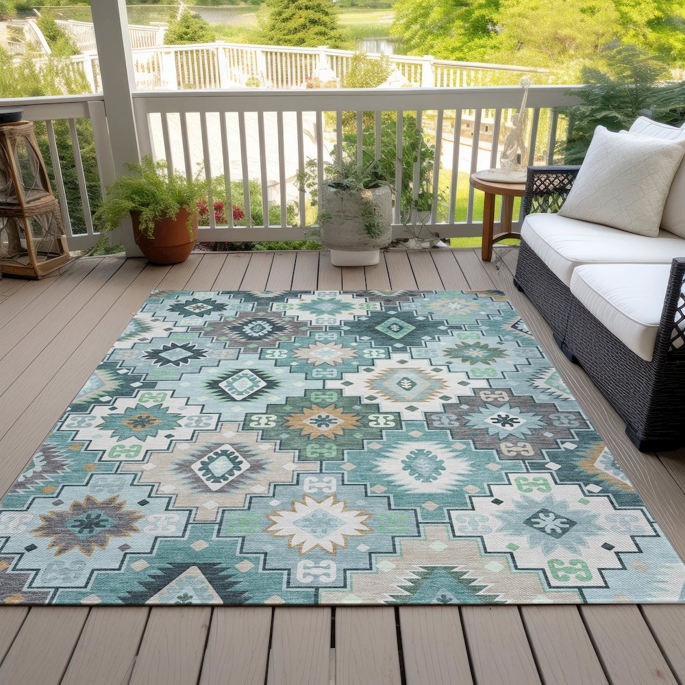 Machine Washable Indoor/Outdoor Chantille ACN2123 Teal 9' x 12' Rug. Picture 8