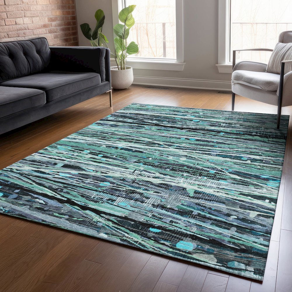Machine Washable Indoor/Outdoor Chantille ACN2126 Teal 9' x 12' Rug. Picture 5