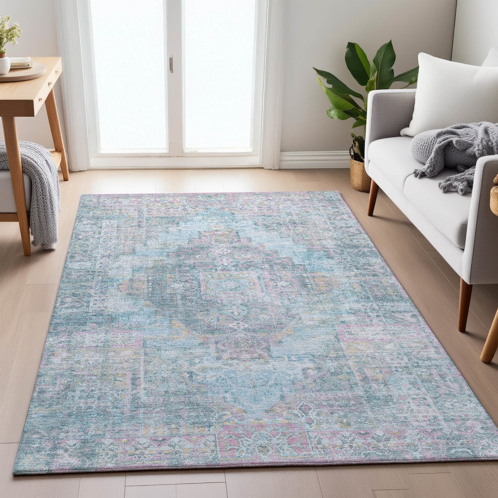 Machine Washable Indoor/Outdoor Chantille ACN2140 Blue 9' x 12' Rug. Picture 5