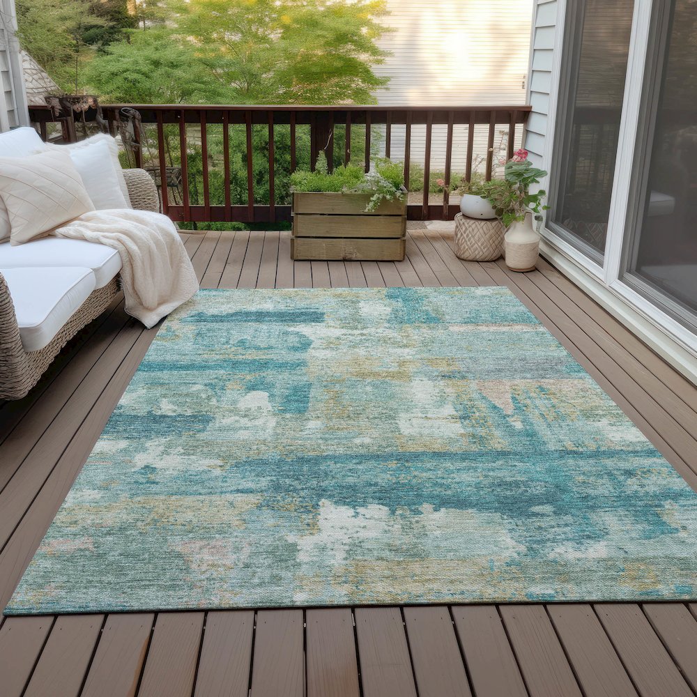 Machine Washable Indoor/Outdoor Chantille ACN2147 Teal 9' x 12' Rug. Picture 7