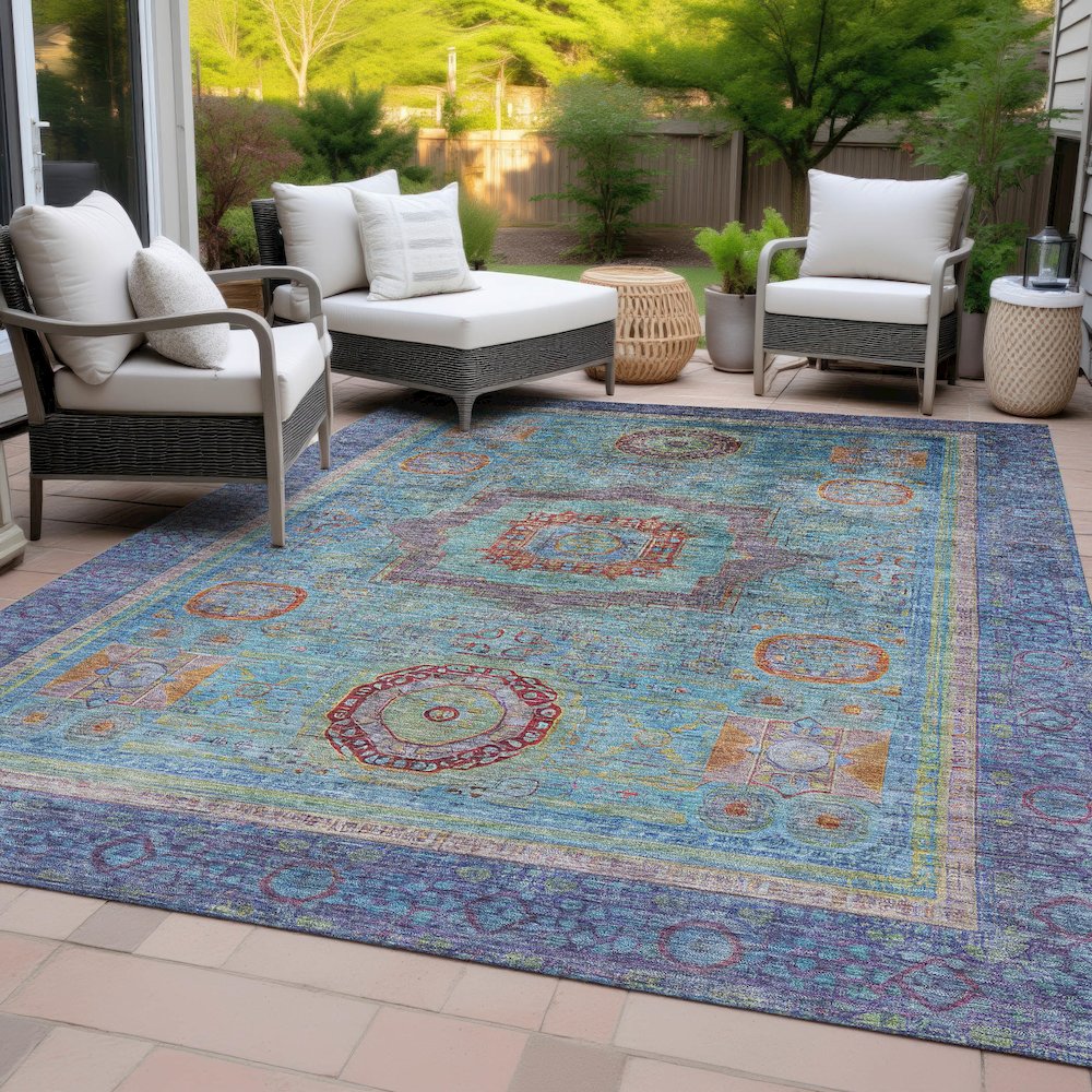 Machine Washable Indoor/Outdoor Chantille ACN2159 Teal 9' x 12' Rug. Picture 8