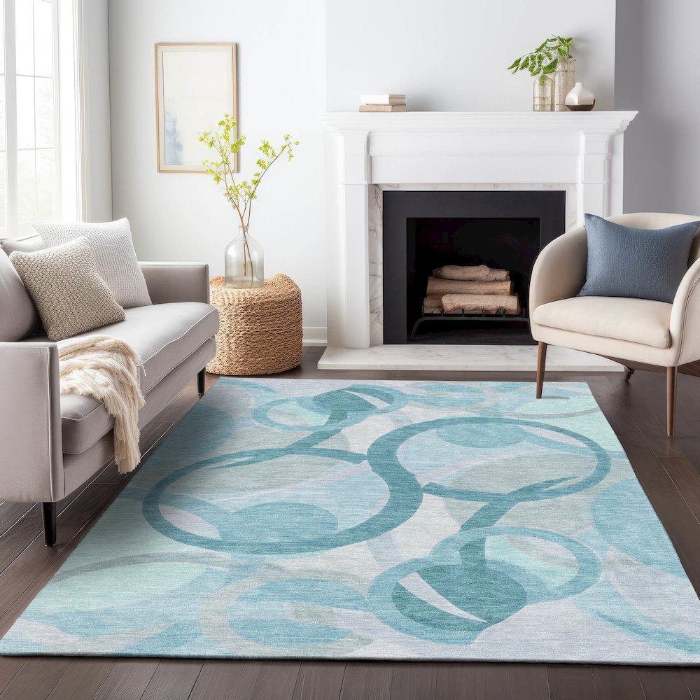 Machine Washable Indoor/Outdoor Chantille ACN2168 Teal 9' x 12' Rug. Picture 6