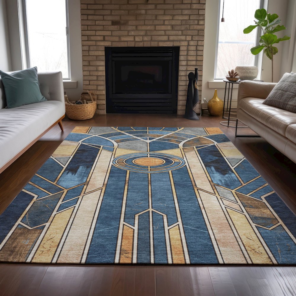Machine Washable Indoor/Outdoor Chantille ACN2176 Blue 9' x 12' Rug. Picture 6