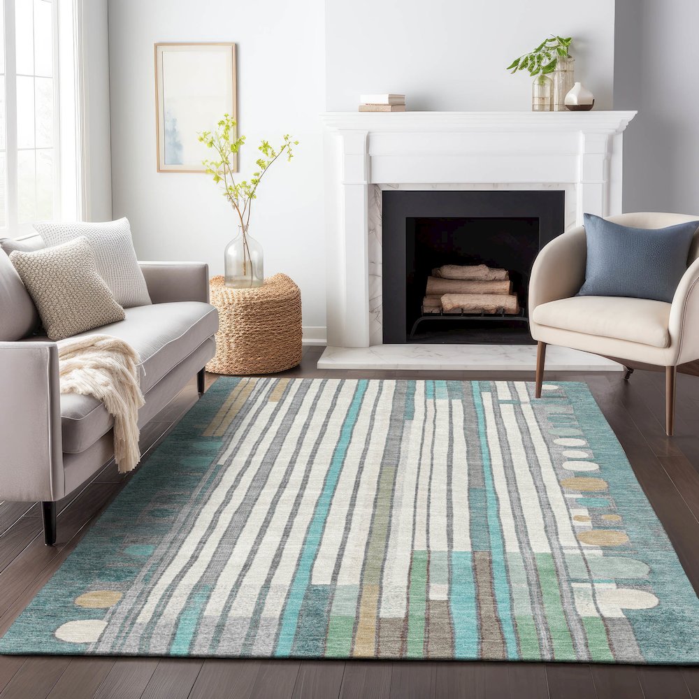 Machine Washable Indoor/Outdoor Chantille ACN2189 Teal 9' x 12' Rug. Picture 6