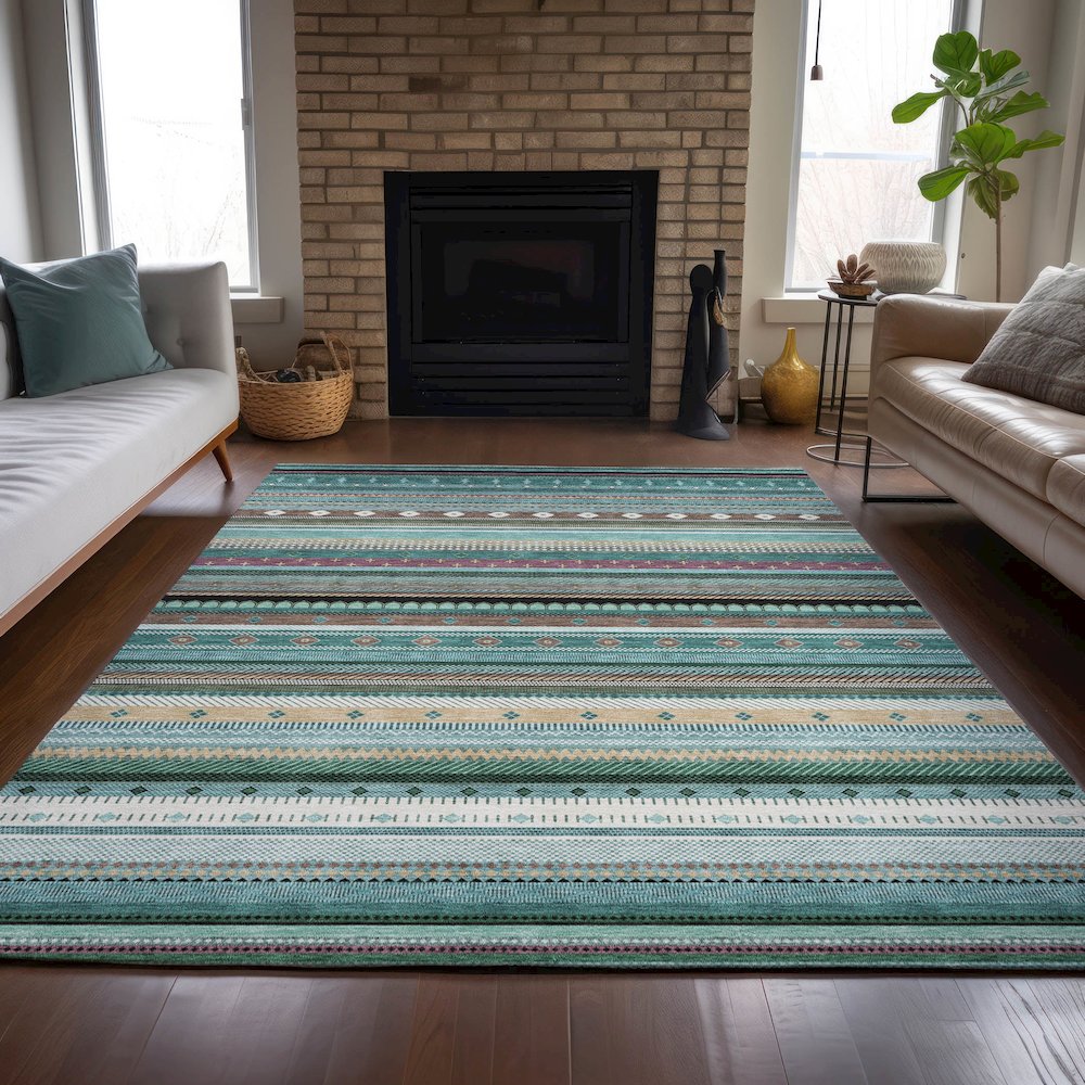 Machine Washable Indoor/Outdoor Chantille ACN2218 Teal 9' x 12' Rug. Picture 6