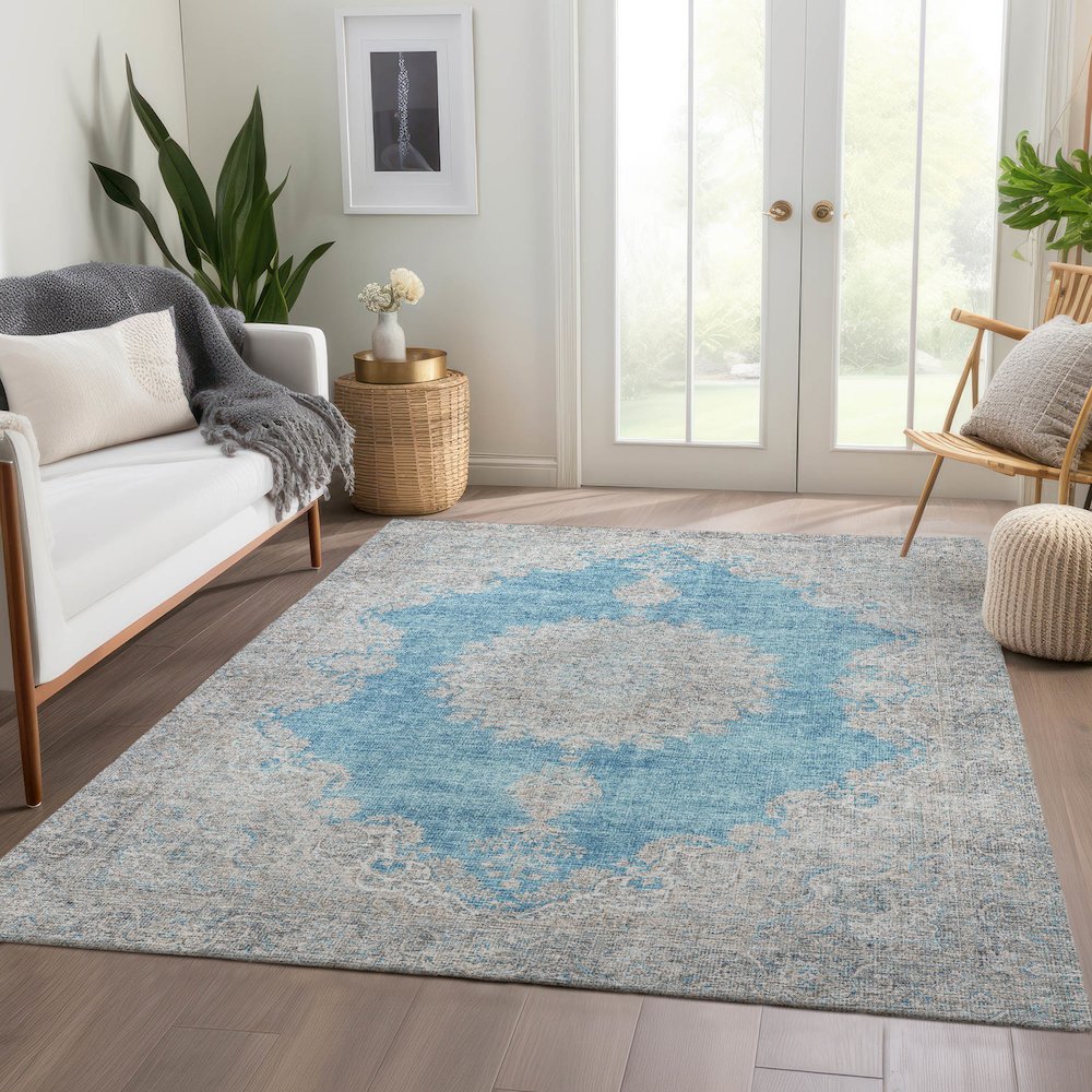Premium Machine Washable Mayfield AMF1003 Teal 9' x 12' Rug. Picture 6