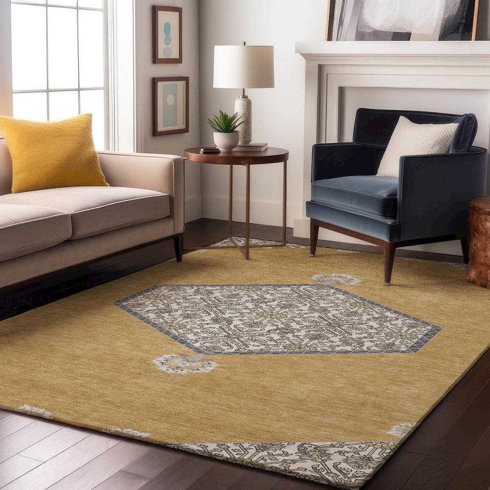Premium Machine Washable Mayfield AMF1011 Gold 9' x 12' Rug. Picture 5