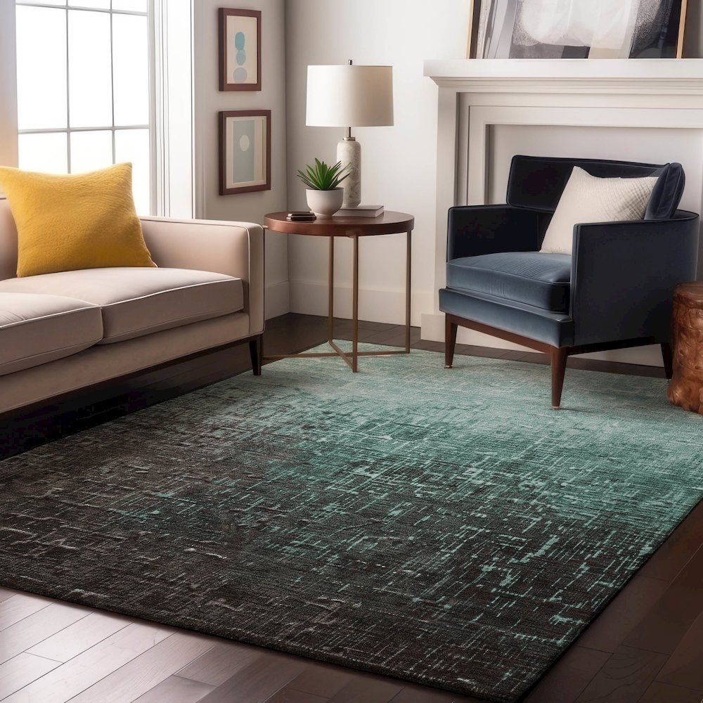 Premium Machine Washable Mayfield AMF1066 Teal 9' x 12' Rug. Picture 5