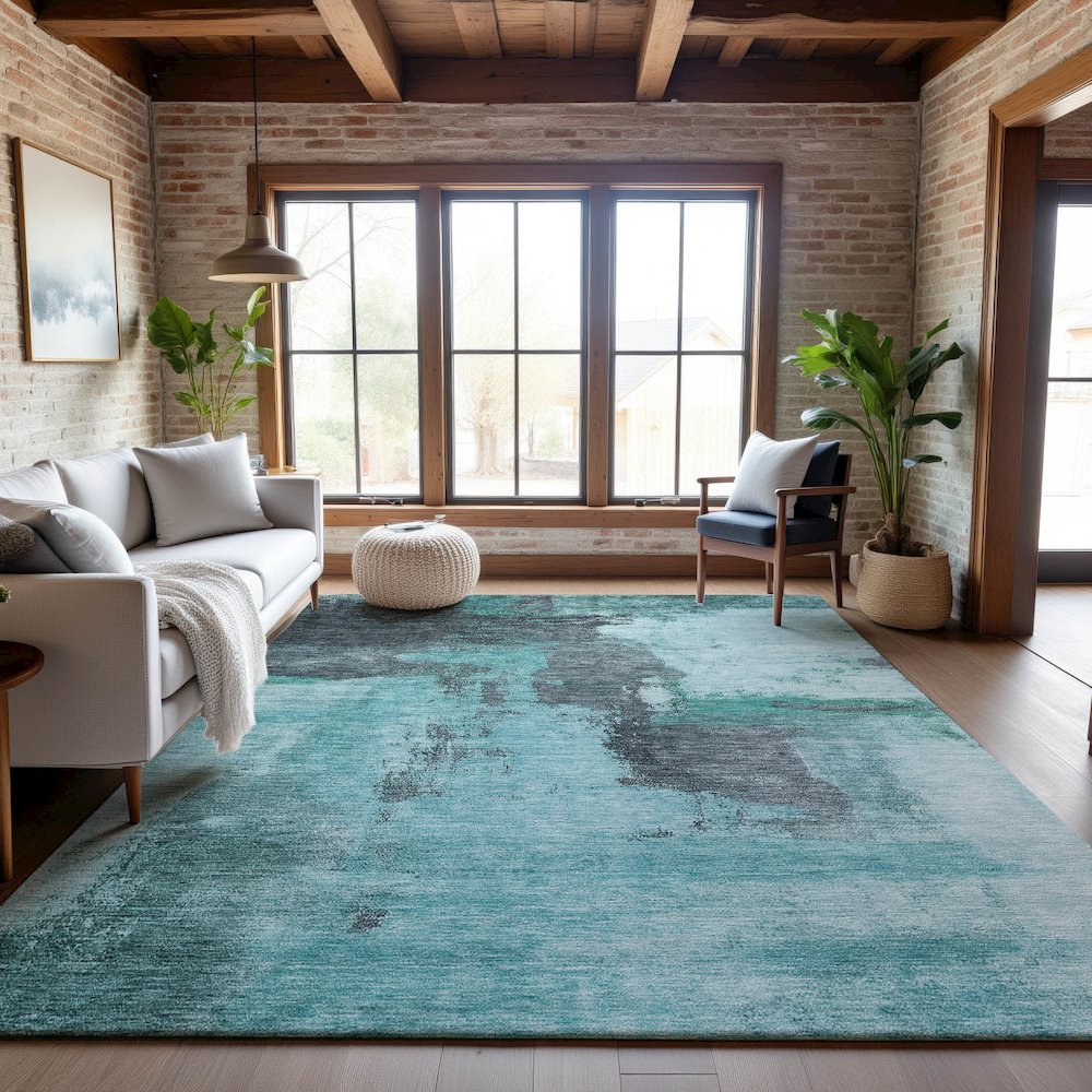 Premium Machine Washable Mayfield AMF1068 Teal 9' x 12' Rug. Picture 5