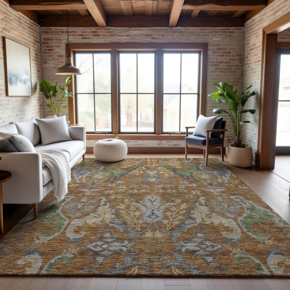 Premium Machine Washable Mayfield AMF1153 Copper 9' x 12' Rug. Picture 5