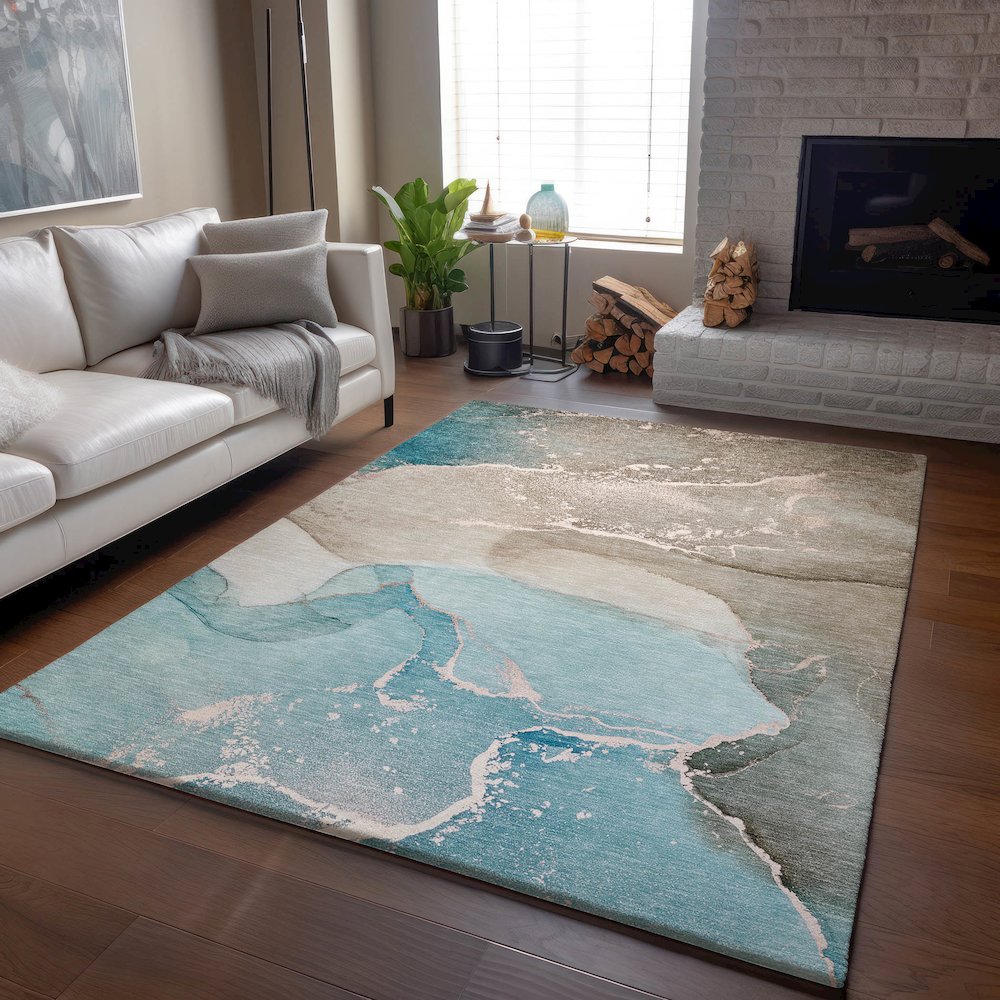 Premium Machine Washable Mayfield  Teal 9' x 12' Rug. Picture 6