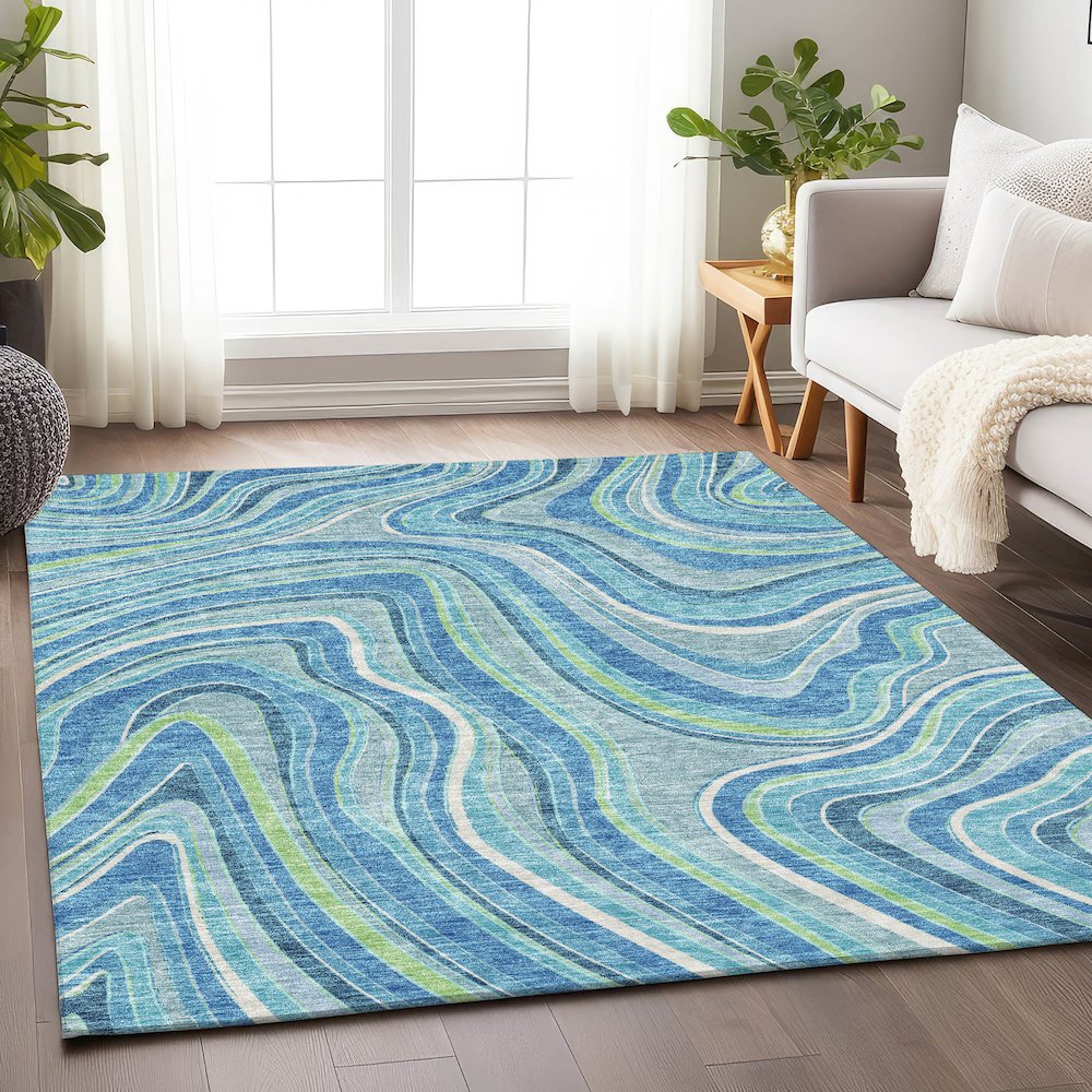 Premium Machine Washable Mayfield AMF756 Blue 9' x 12' Rug. Picture 5