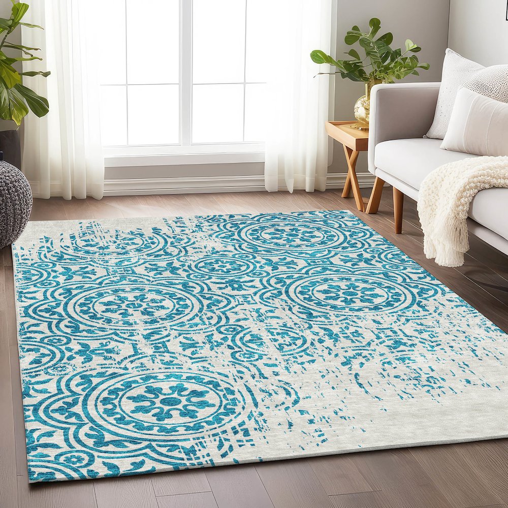 Premium Machine Washable Mayfield AMF758 Teal 9' x 12' Rug. Picture 5