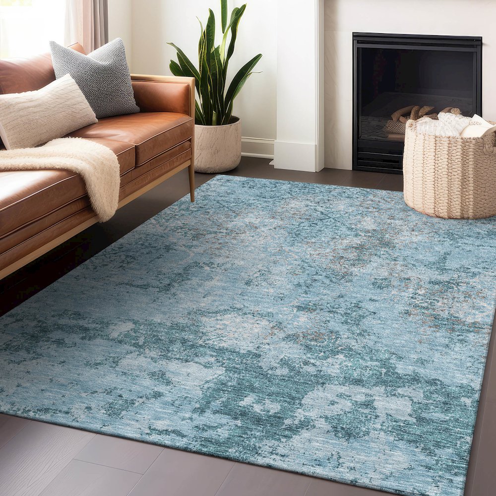 Premium Machine Washable Mayfield AMF769 Teal 9' x 12' Rug. Picture 6