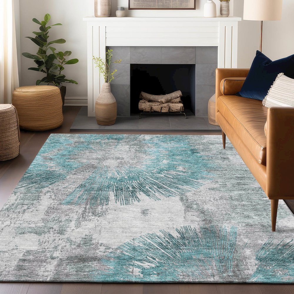 Premium Machine Washable Mayfield AMF773 Teal 9' x 12' Rug. Picture 6