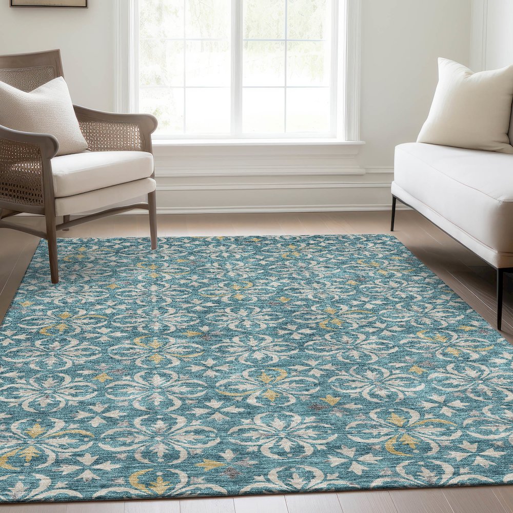 Premium Machine Washable Mayfield AMF930 Teal 9' x 12' Rug. Picture 6