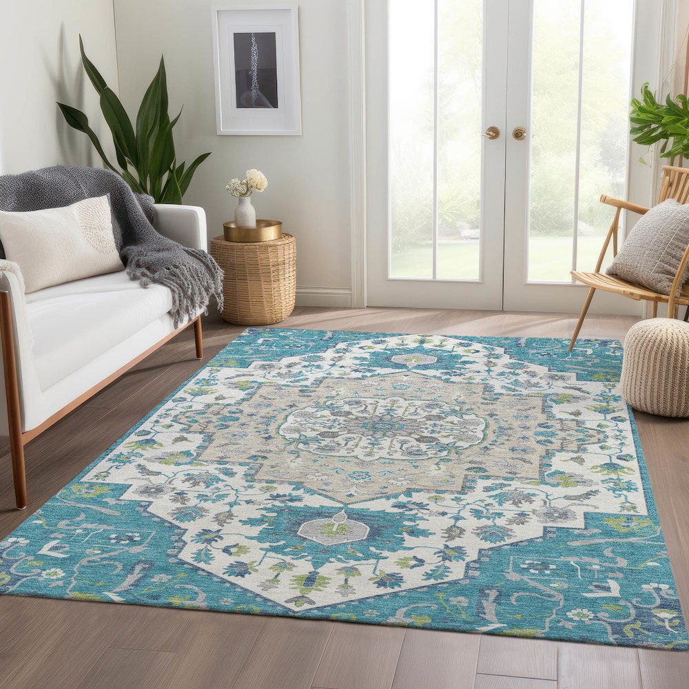 Premium Machine Washable Mayfield AMF985 Teal 9' x 12' Rug. Picture 6